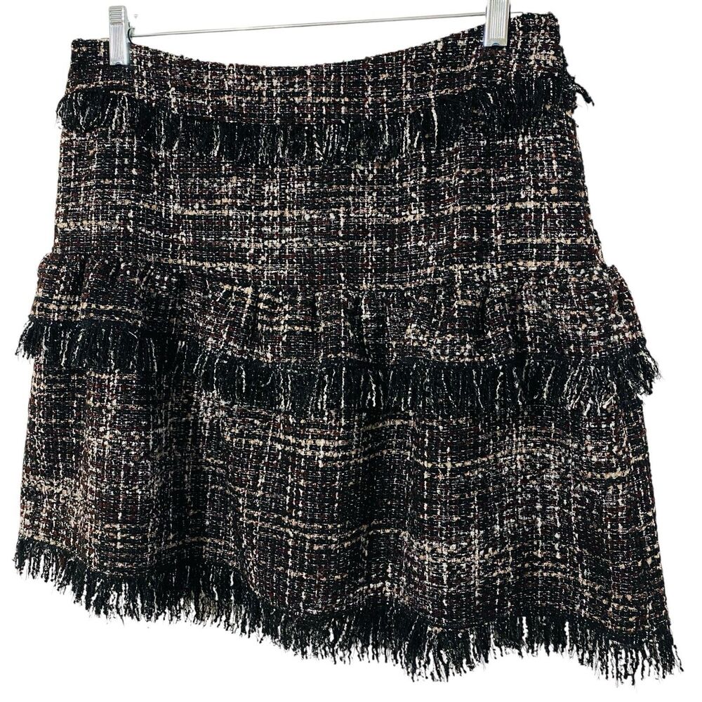 Halogen Tweed Skirt Size 12 L Brown burgundy black Tan Tiered Fringe chunky